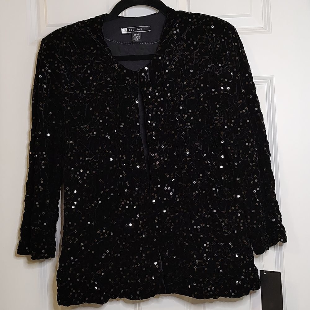 J S Boutique NWT Sequined Quilted Stretch Velvet Special Occasion Jacket Black